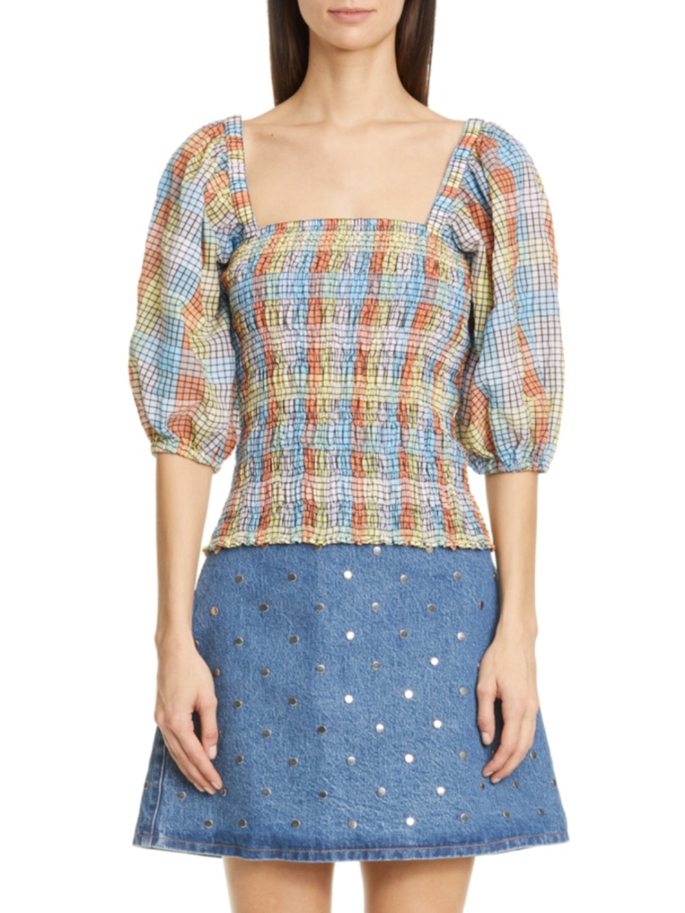 NEW Ganni Seersucker Check Smock Top Multicolor 32